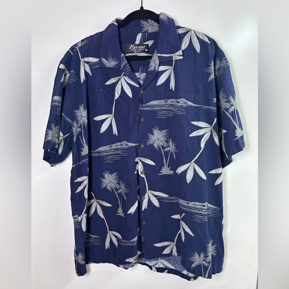 Favant 3XL Hawaiian Shirt Mens Navy Blue White Palm Tree Scenic Cotton Aloha